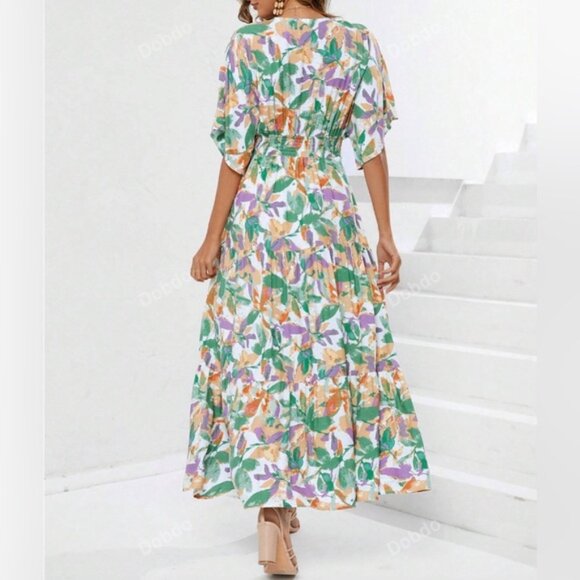 Deep V-Neck Floral Print Batwing Sleeve Shirred Waist Layered Dress - Picture 3 of 8